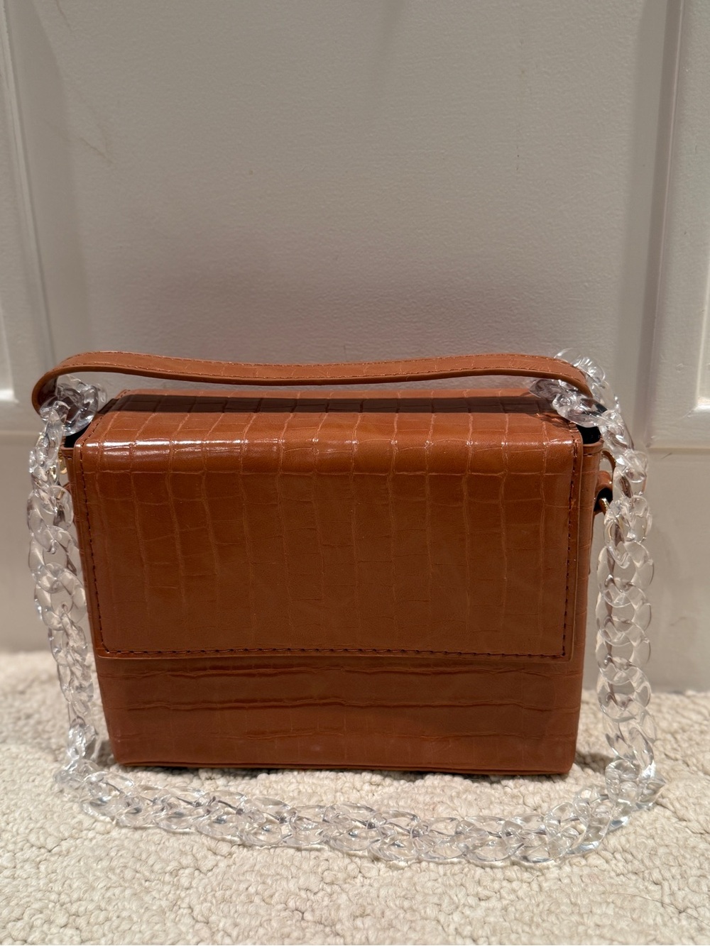 Brown Croc Embossed Box Bag Top Handle Crossbody